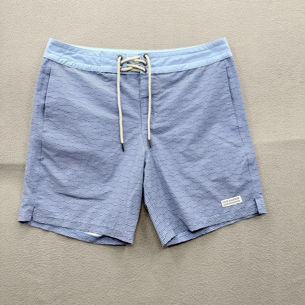 Fair Harbor Board Shorts Mens 34 Blue Wave Print Swim Trunks Quick Dry Stretch
